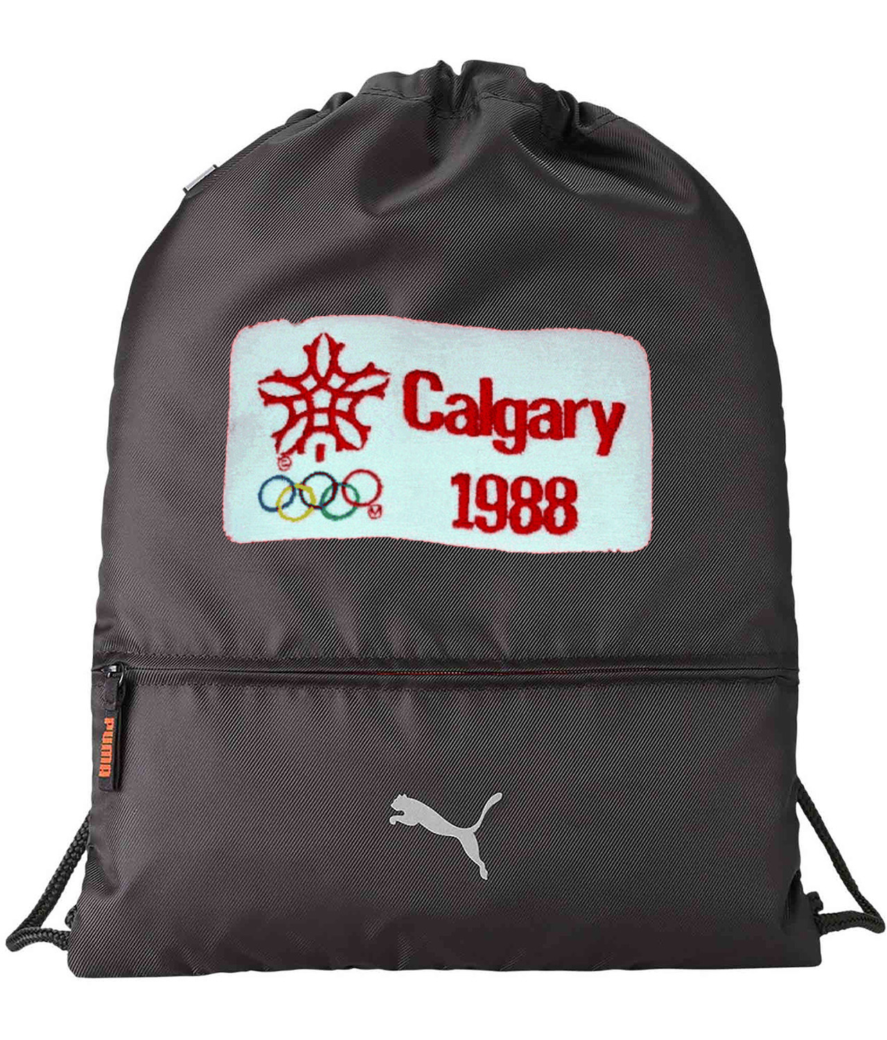 1988 Winter Olympics In Calgary - Calgary Flames Hockey Logo Symbol Emblem Customized Design on Lightweight Drawstring Backpack Bag