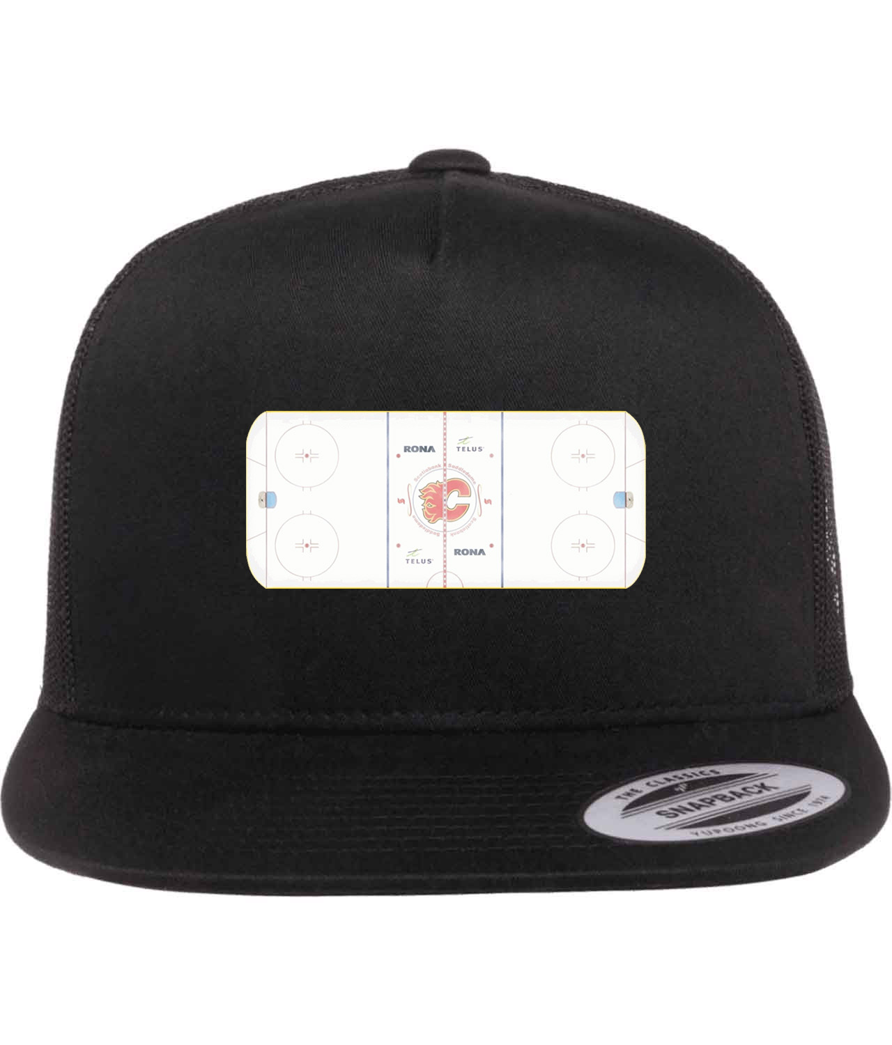 Calgary Flames Scotiabank Saddledome Playing Ice Surface Hockey Logo Symbol Emblem Customized Design on Classic Trucker Cap Hat