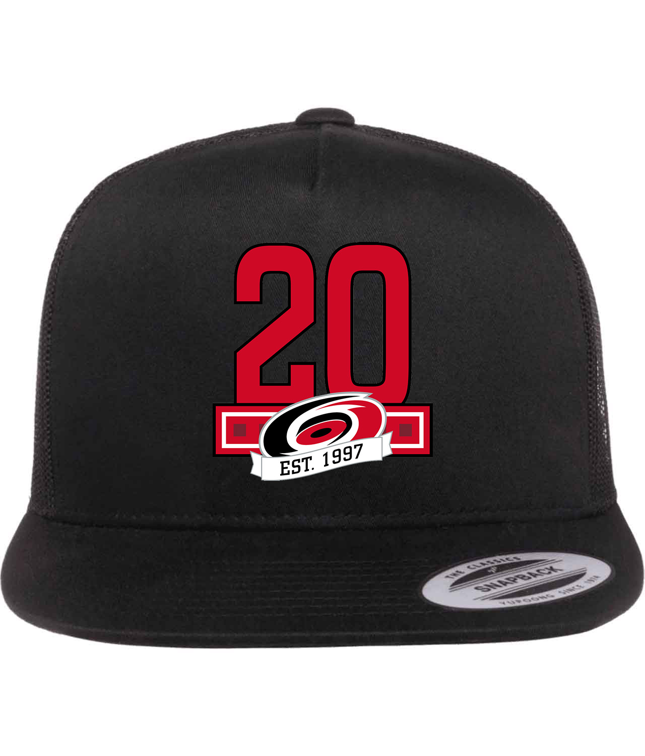 20th Anniversary Of The Carolina Hurricanes Hockey Logo Symbol Emblem Customized Design on Classic Trucker Cap Hat