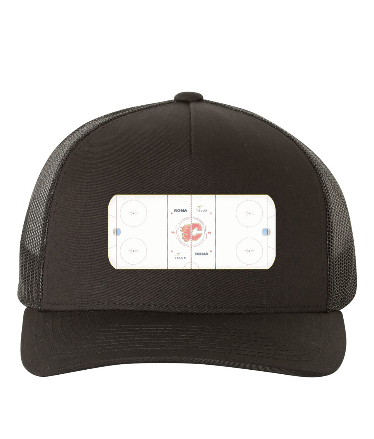Calgary Flames Scotiabank Saddledome Playing Ice Surface Hockey Logo Symbol Emblem Customized Design on Retro Trucker Cap Hat