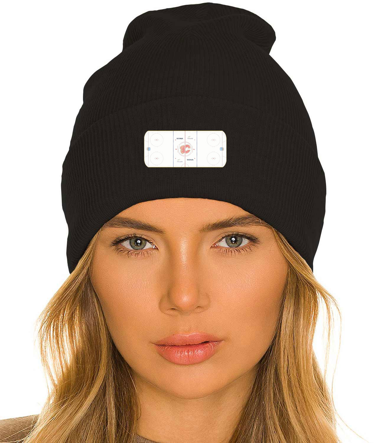 Calgary Flames Scotiabank Saddledome Playing Ice Surface Hockey Logo Customized Design on 12" Cuffed Beanie