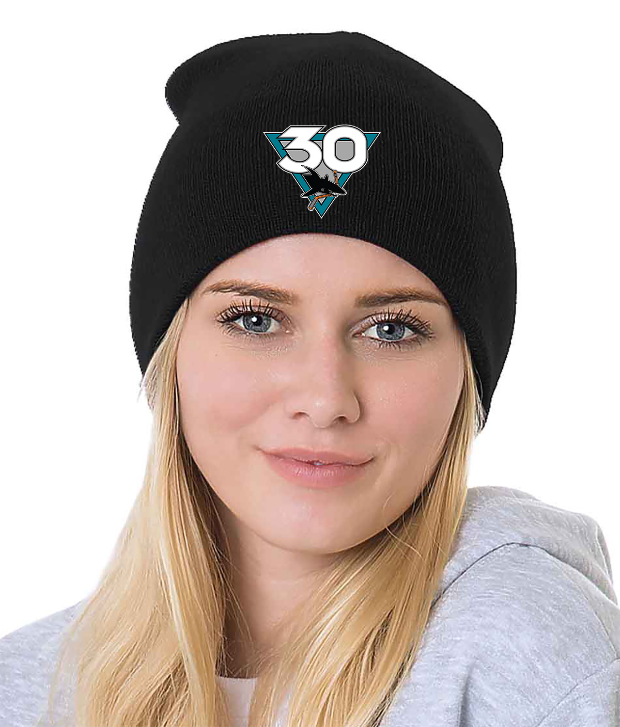 San Jose Sharks 30th Anniversary Hockey Logo Symbol Emblem Customized Design on 8" Beanie Hat