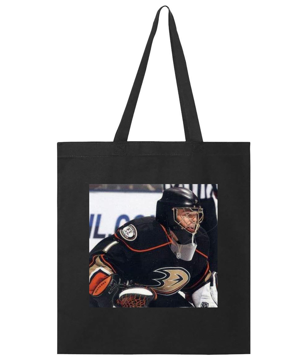 2010 Anaheim Ducks Jonas Hiller Photo Hockey Logo Symbol Emblem Customized Design on Promotional Tote Bag