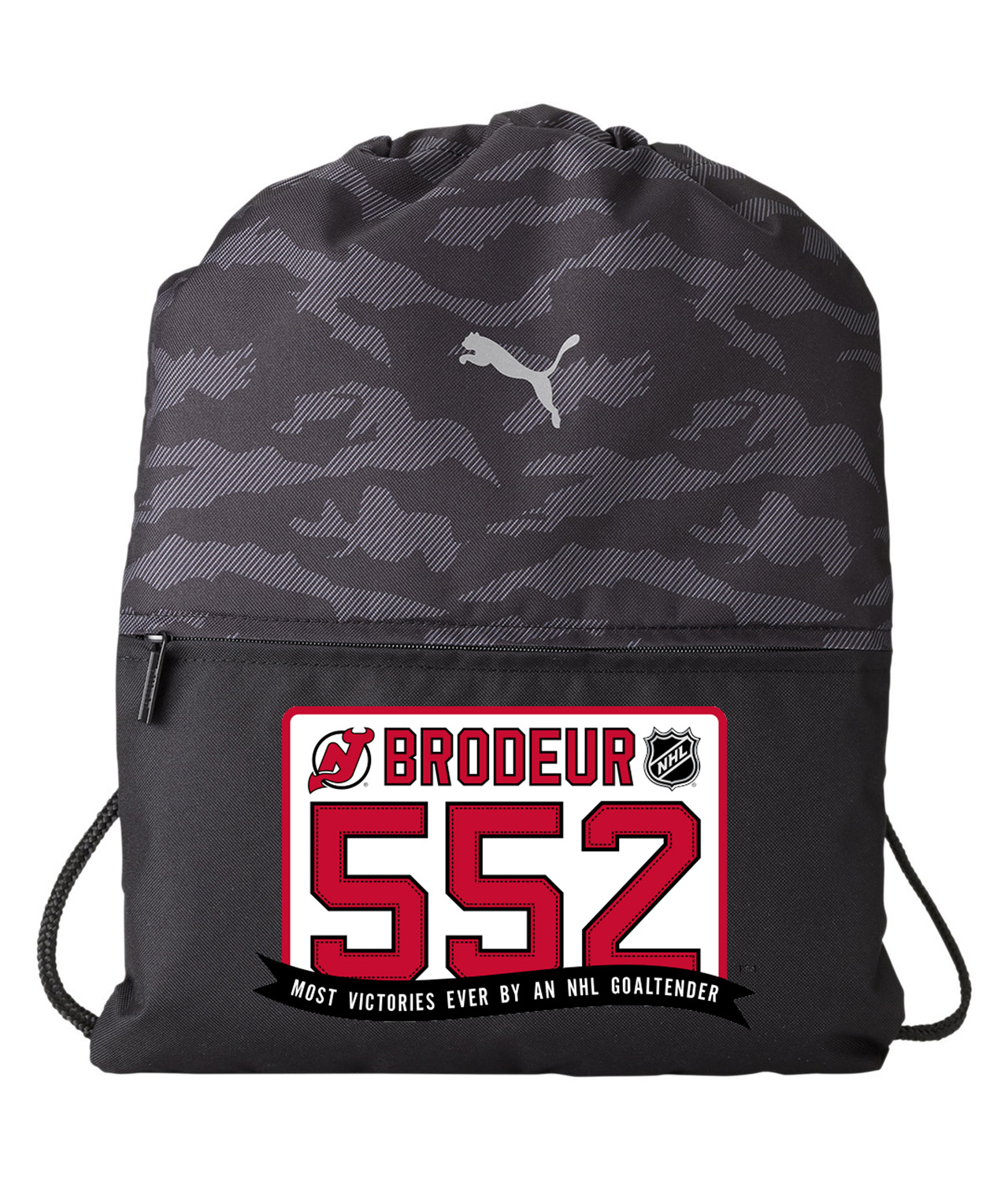 New Jersey Devils Goaltender Martin Brodeur's 552nd NHL Hockey Logo Symbol Emblem Customized Design on Camo Drawstring Backpack Bag - Image 1