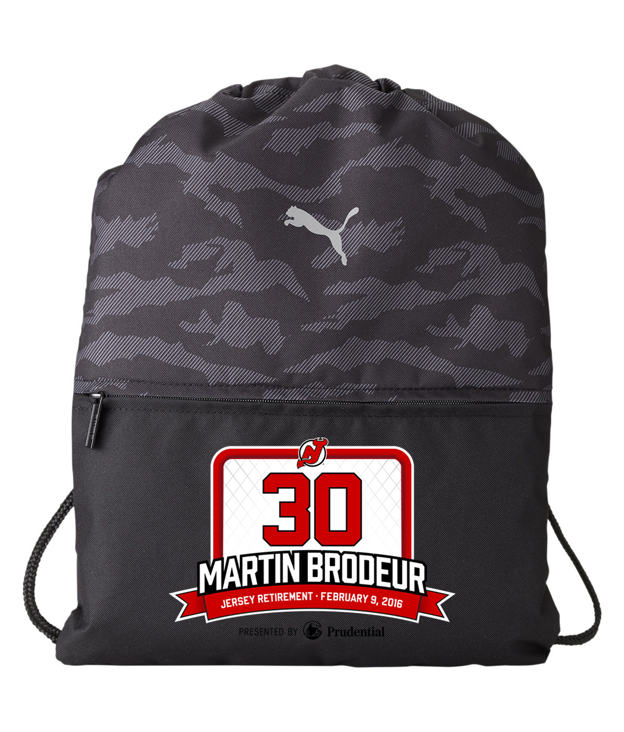 New Jersey Devils Martin Brodeur Jersey Retirement Night On Feb 9, 2016 Hockey Logo Symbol Emblem Customized Design on Camo Drawstring Backpack Bag