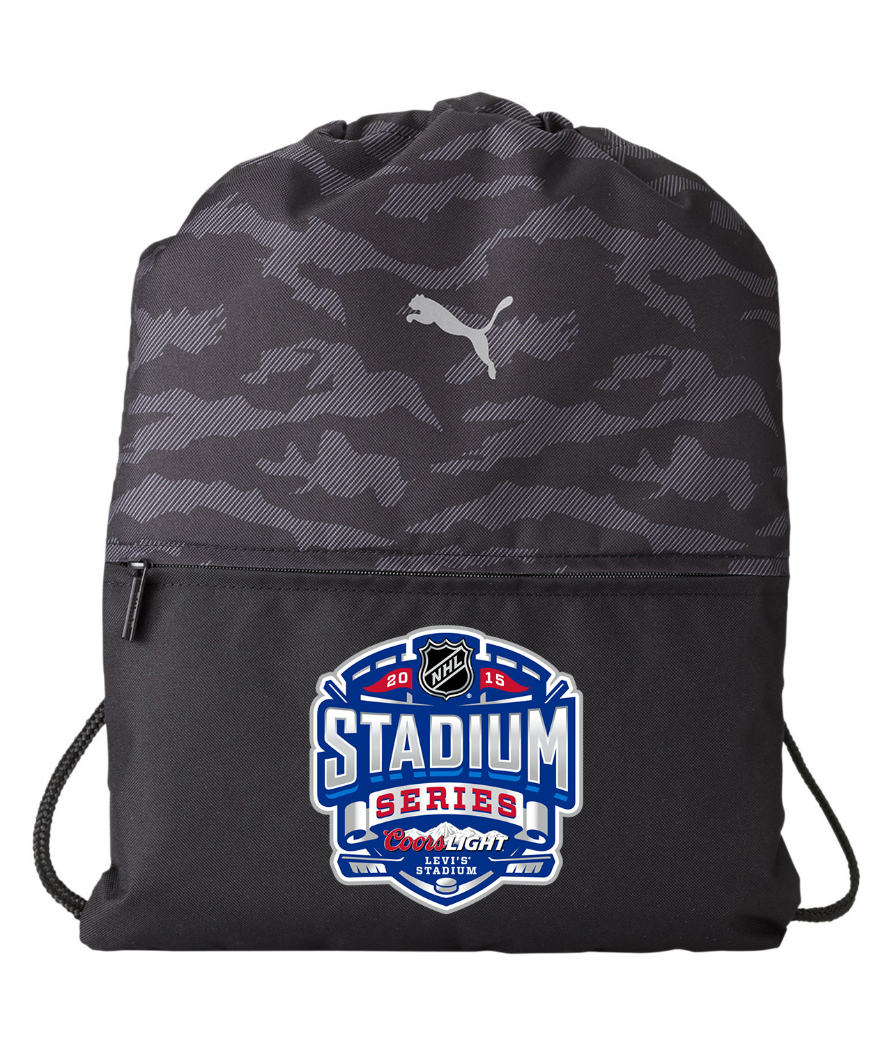 Coors Light 2015 NHL Stadium Series Game - Los Angeles Kings At San Jose Sharks Hockey Logo Emblem Customized Design on Camo Drawstring Backpack Bag