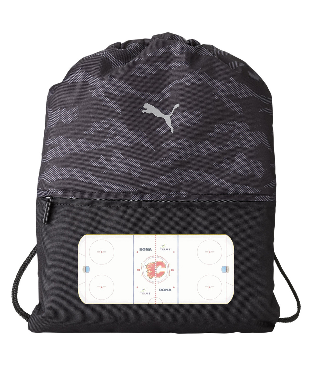 Calgary Flames Scotiabank Saddledome Playing Ice Surface Hockey Logo Symbol Emblem Customized Design on Camo Drawstring Backpack Bag
