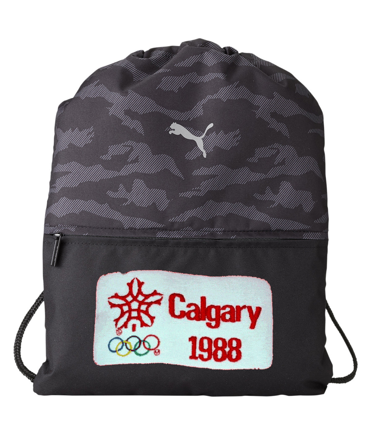 1988 Winter Olympics In Calgary - Calgary Flames Hockey Logo Symbol Emblem Customized Design on Camo Drawstring Backpack Bag