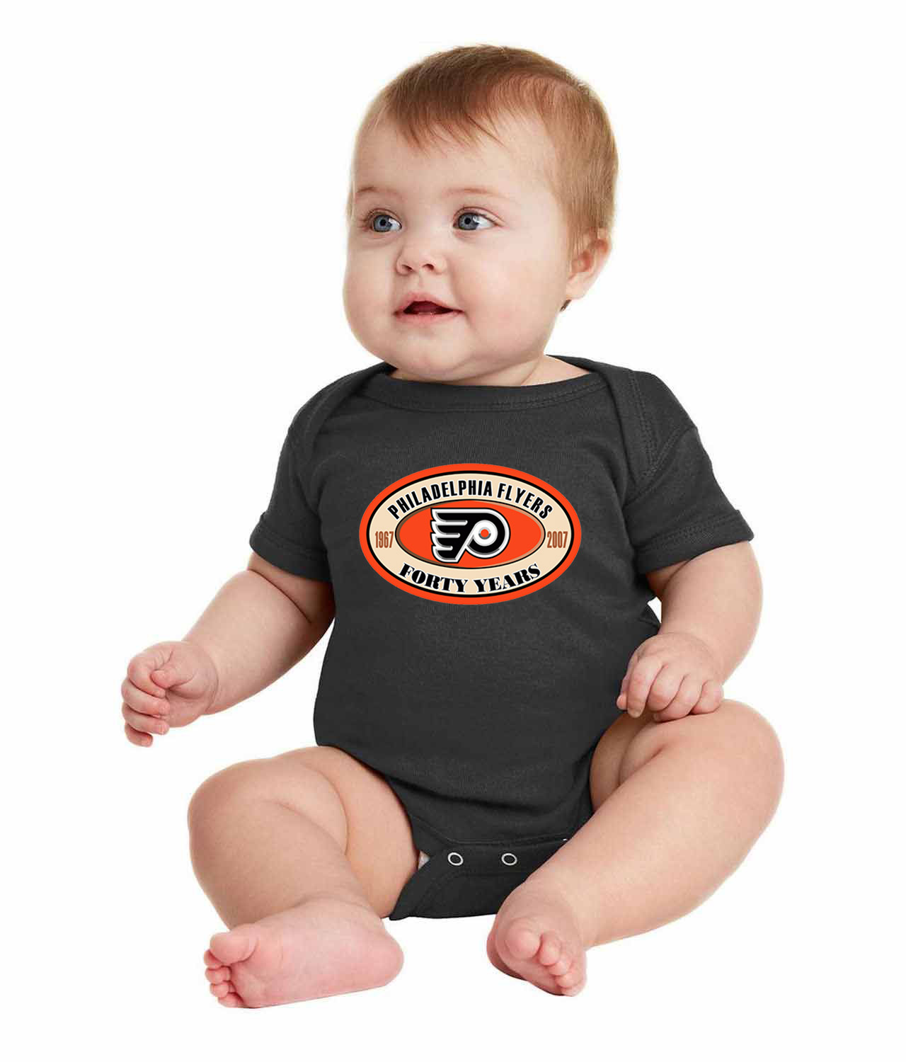 Philadelphia Flyers 40th Anniversary Hockey Logo Symbol Emblem Customized Design on Infant Baby Rib Bodysuit