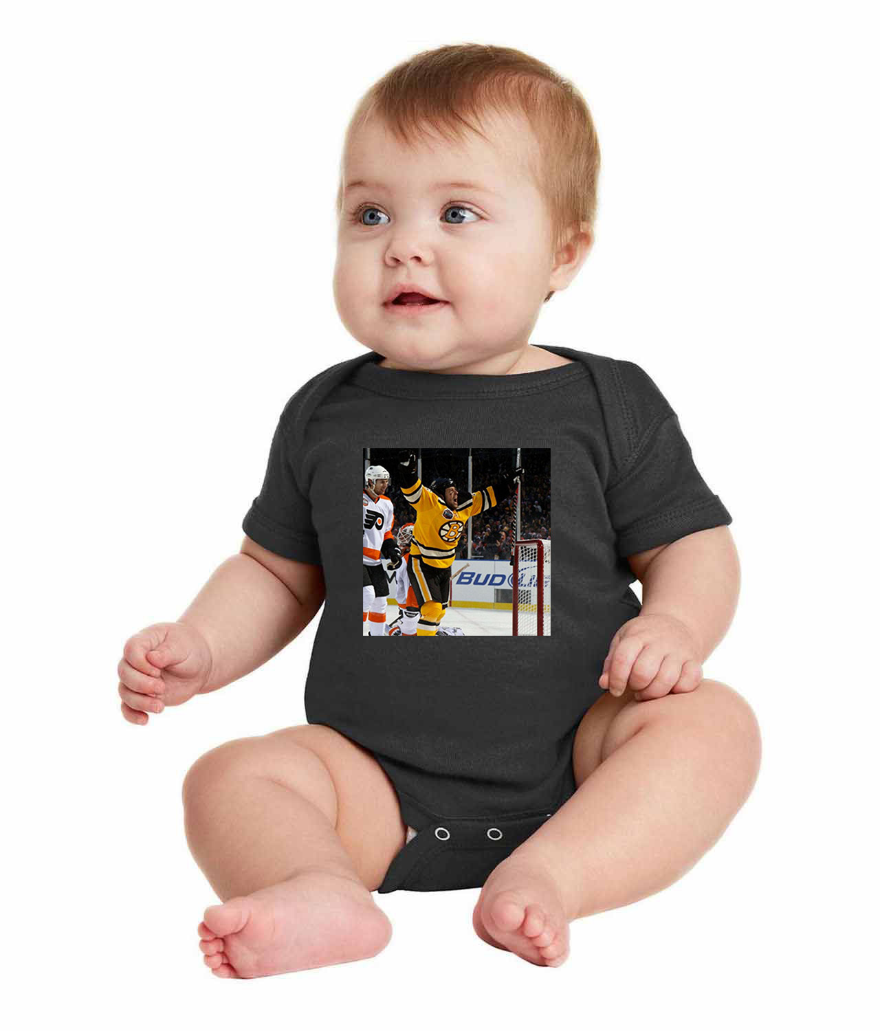 Marco Sturm Retro Boston Bruins 2010 NHL Winter Classic Hockey Logo Symbol Emblem Customized Design on Infant Baby Rib Bodysuit