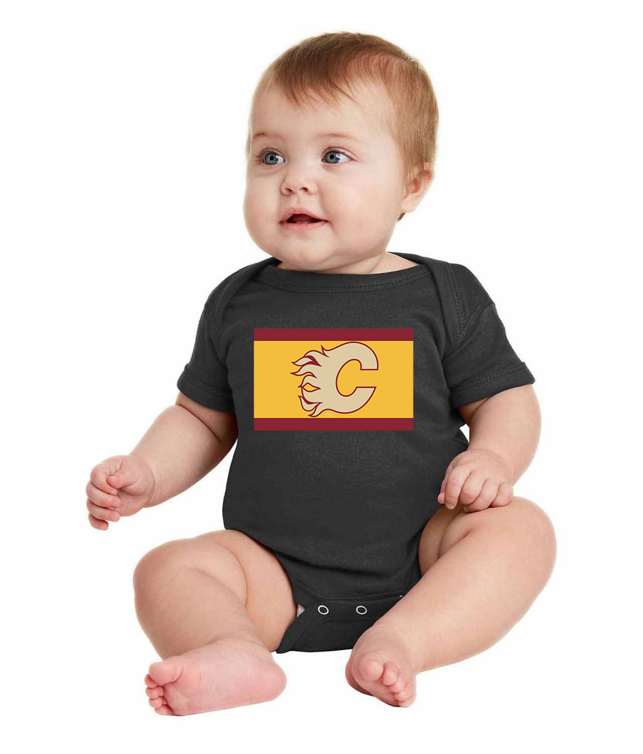 Calgary Flames Throwback 2010 Hockey Logo Symbol Emblem Customized Design on Infant Baby Rib Bodysuit