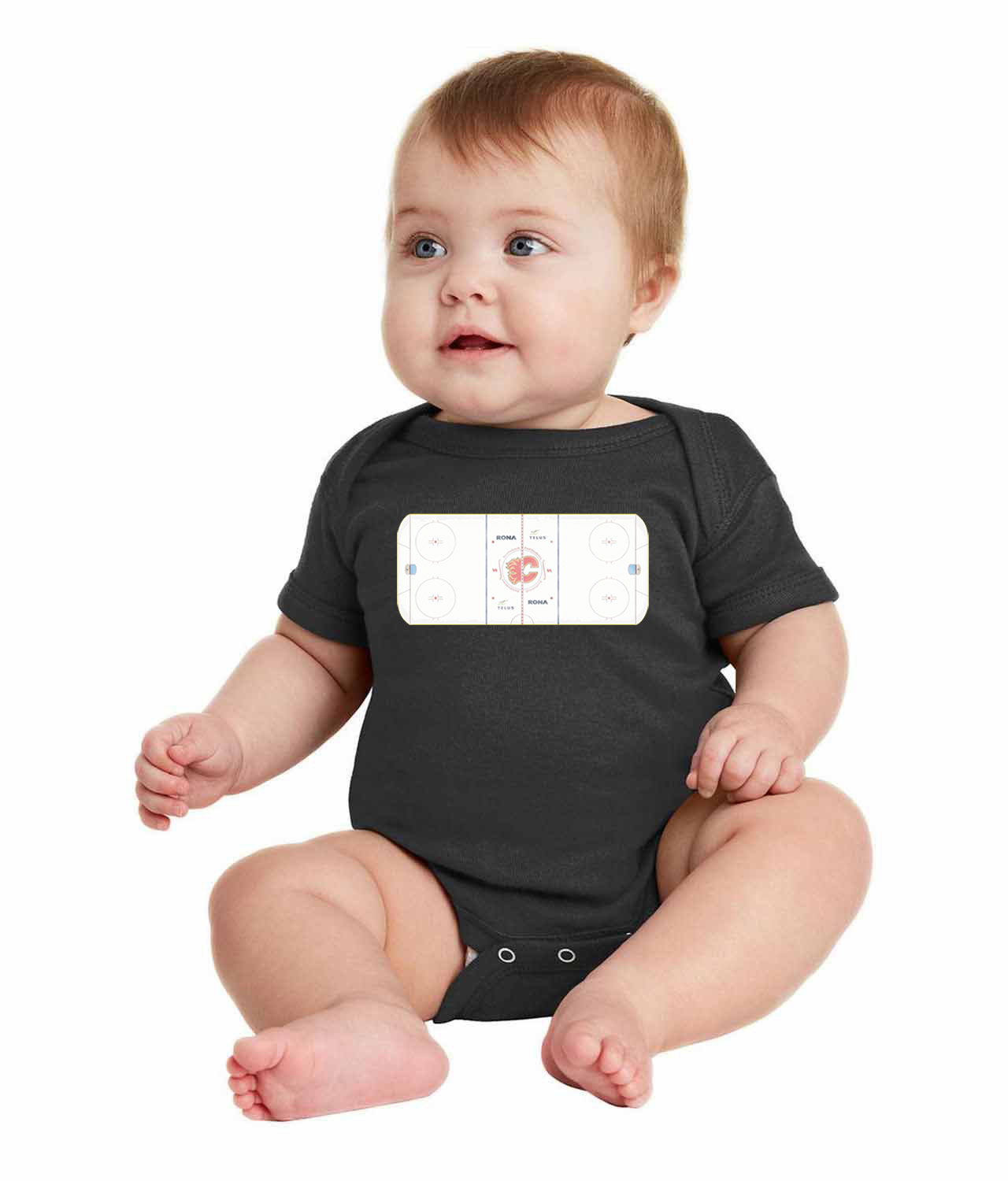 Calgary Flames Scotiabank Saddledome Playing Ice Surface Hockey Logo Symbol Emblem Customized Design on Infant Baby Rib Bodysuit