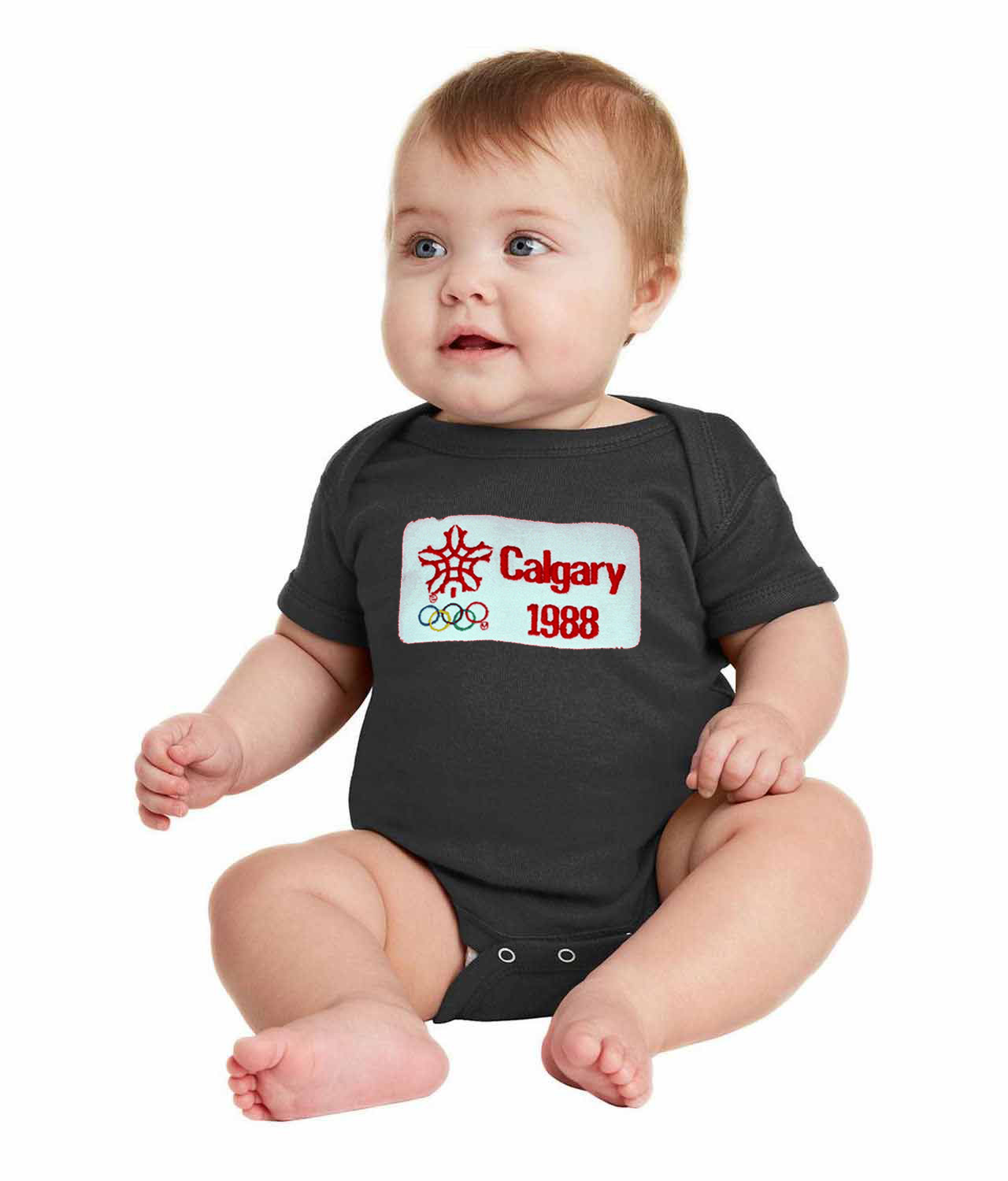 1988 Winter Olympics In Calgary - Calgary Flames Hockey Logo Symbol Emblem Customized Design on Infant Baby Rib Bodysuit