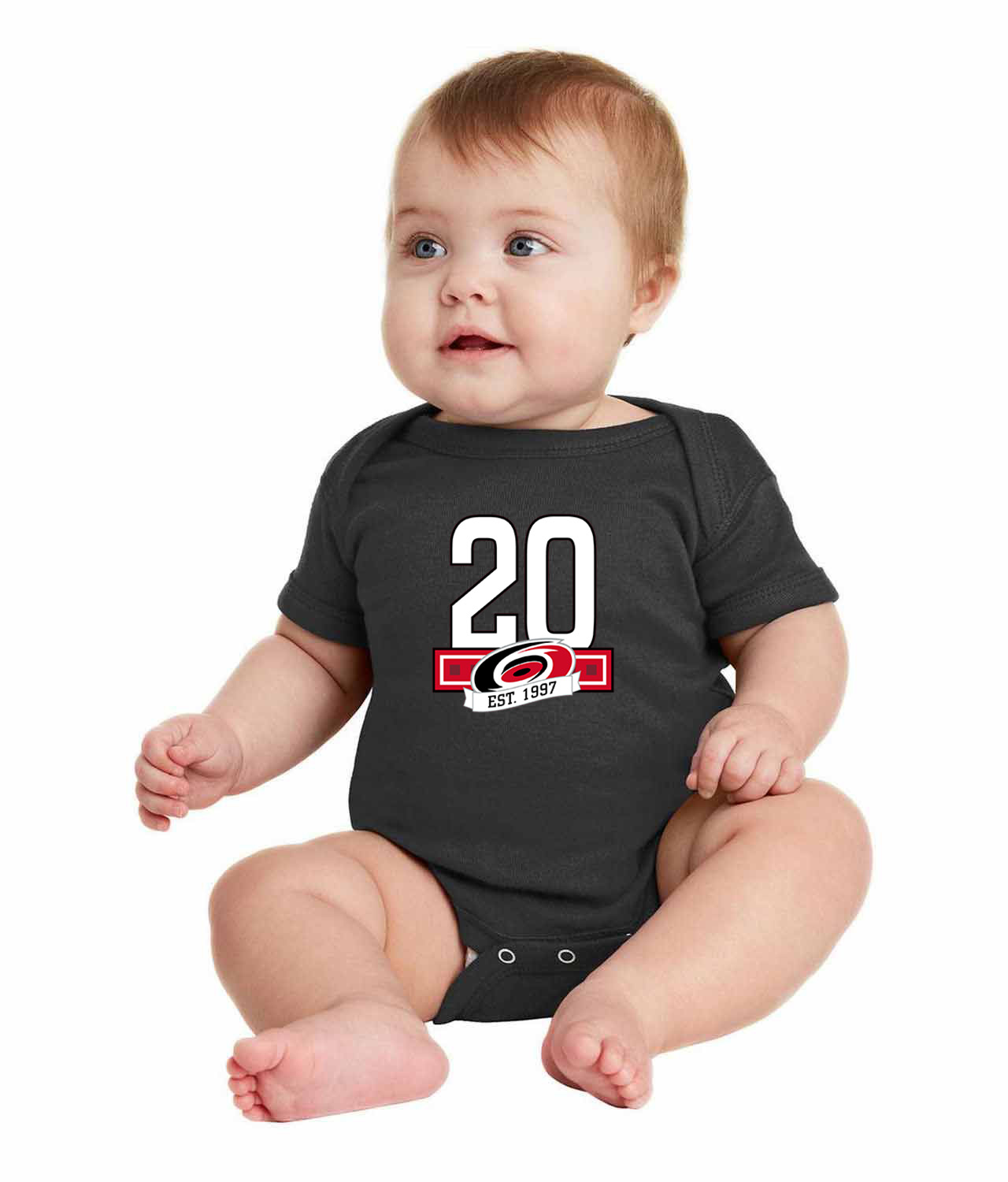 20th Anniversary Of The Carolina Hurricanes White Hockey Logo Symbol Emblem Customized Design on Infant Baby Rib Bodysuit