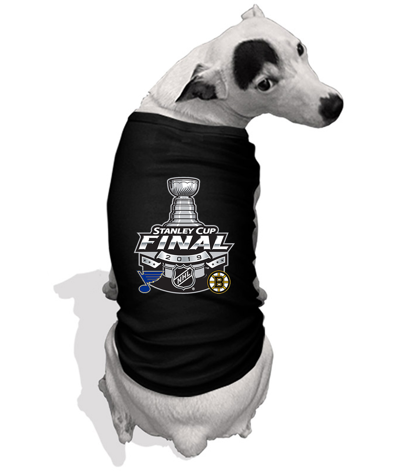 2019 NHL Stanley Cup Finals Boston Bruins vs St Louis Blues s Duelling Version Hockey Logo Emblem Customized Design on Doggie Puppy Dog Tank Tshirt