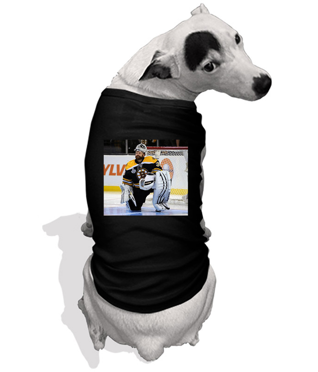Tim Thomas In The Boston Bruins 2011 Stanley Cup Final Patch 2011 Stanley Cup Finals Hockey Logo Customized Design on Doggie Puppy Dog Tank Tshirt