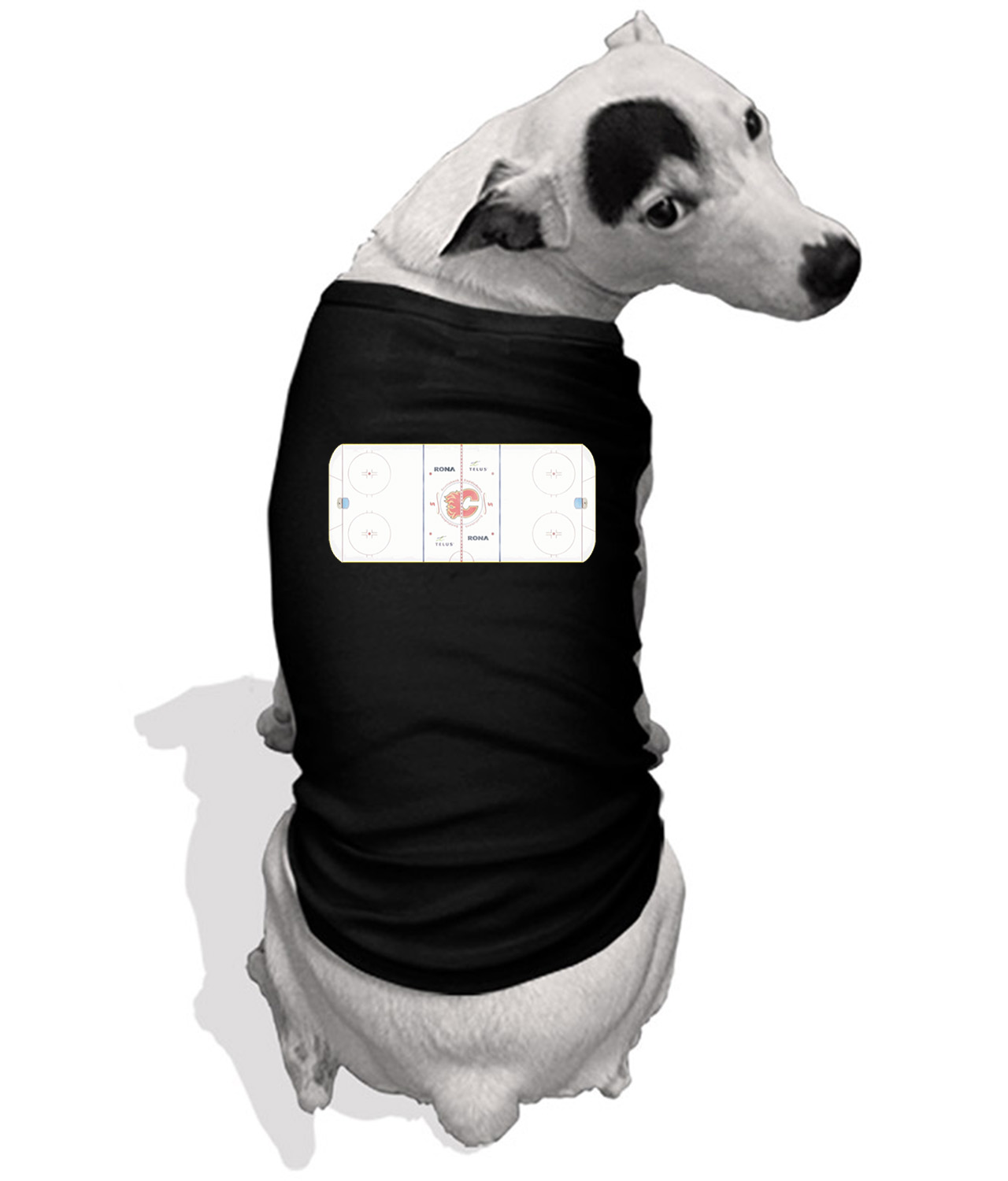 Calgary Flames Scotiabank Saddledome Playing Ice Surface Hockey Logo Symbol Emblem Customized Design on Doggie Puppy Dog Tank Tshirt