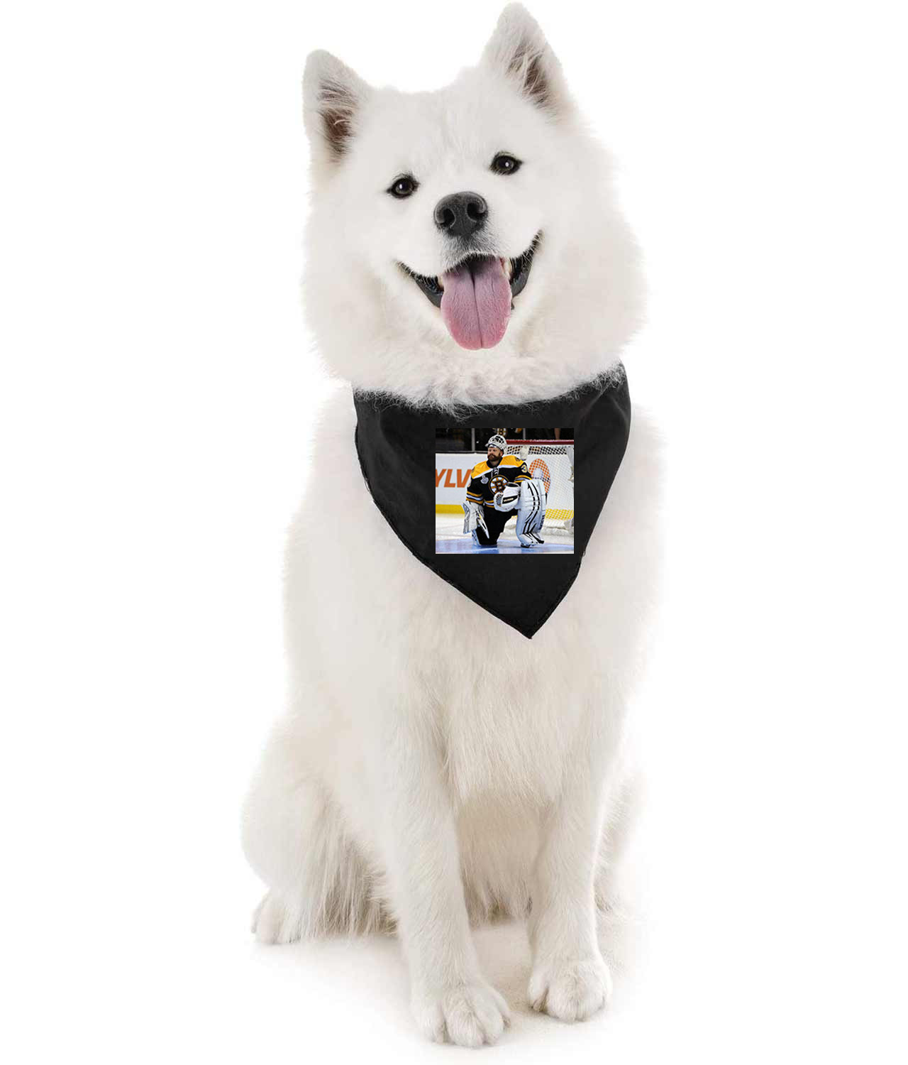 Tim Thomas In The Boston Bruins 2011 Stanley Cup Final Patch 2011 Stanley Cup Finals Hockey Logo Customized Design on Doggie Puppy Dog Bandana