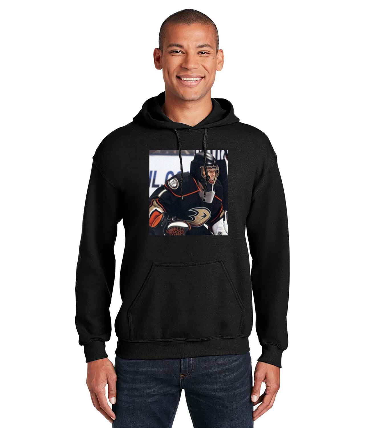 2010 Anaheim Ducks Jonas Hiller Photo Hockey Logo Customized Design on Unisex Hooded Sweatshirt