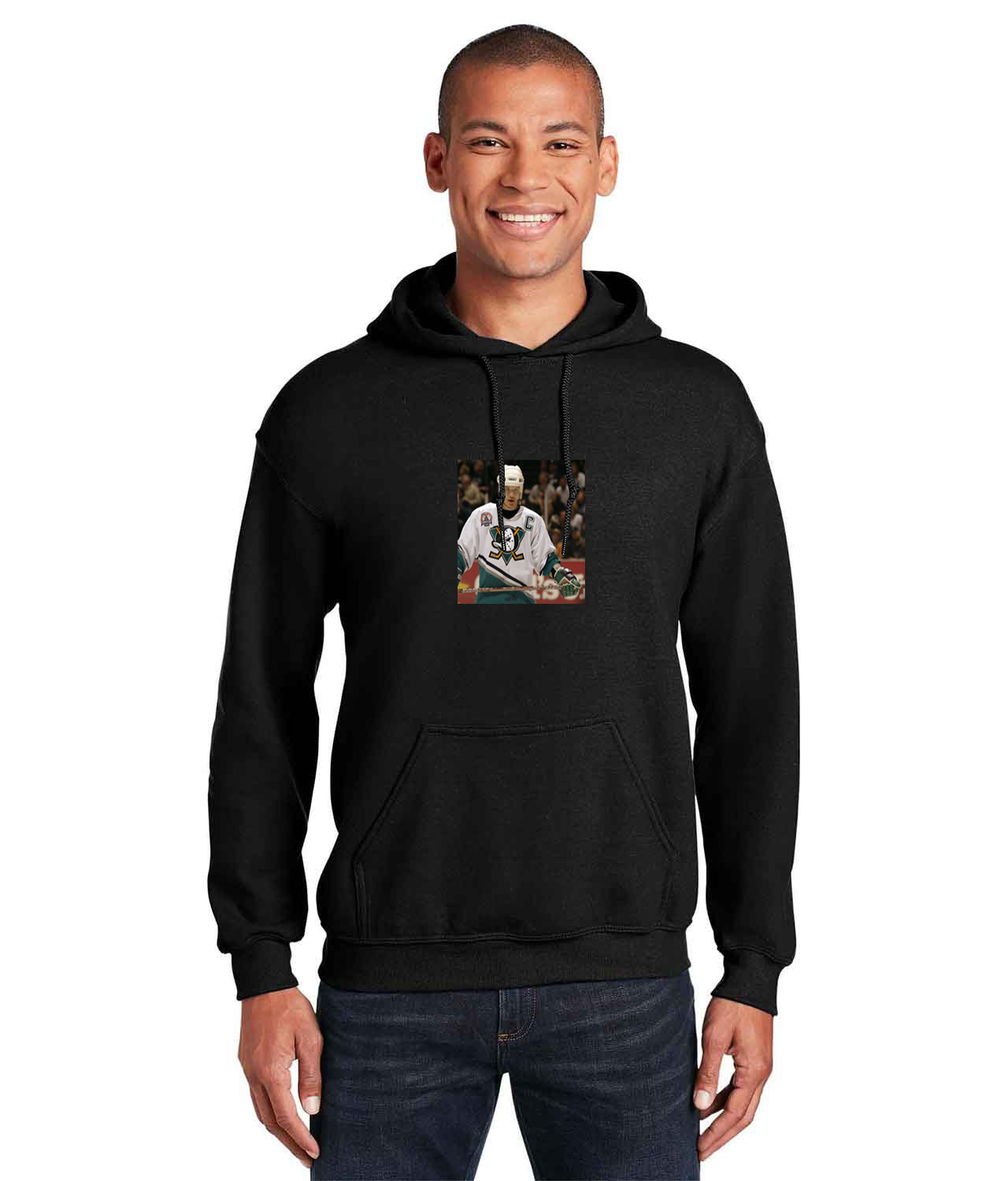 Paul Kariya Mighty Ducks Of Anaheim 2003 Stanley Cup Final Patch 2002-03 Season Hockey Logo Customized Design on Unisex Hooded Sweatshirt
