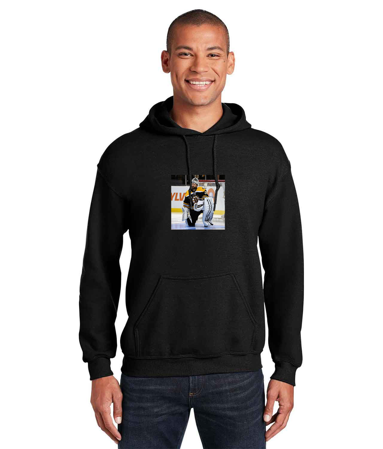 Tim Thomas In The Boston Bruins 2011 Stanley Cup Final Patch 2011 Stanley Cup Finals Hockey Logo Customized Design on Unisex Hooded Sweatshirt