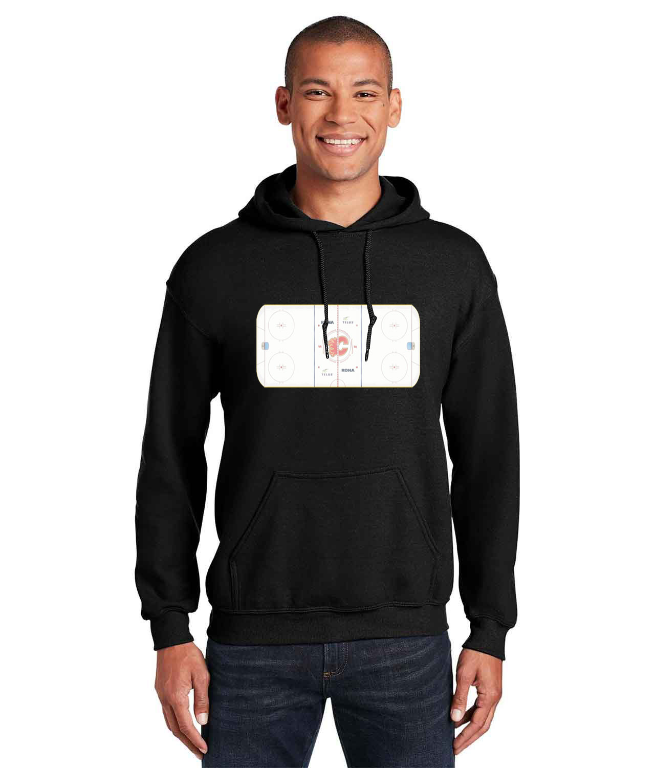 Calgary Flames Scotiabank Saddledome Playing Ice Surface Hockey Logo Customized Design on Unisex Hooded Sweatshirt