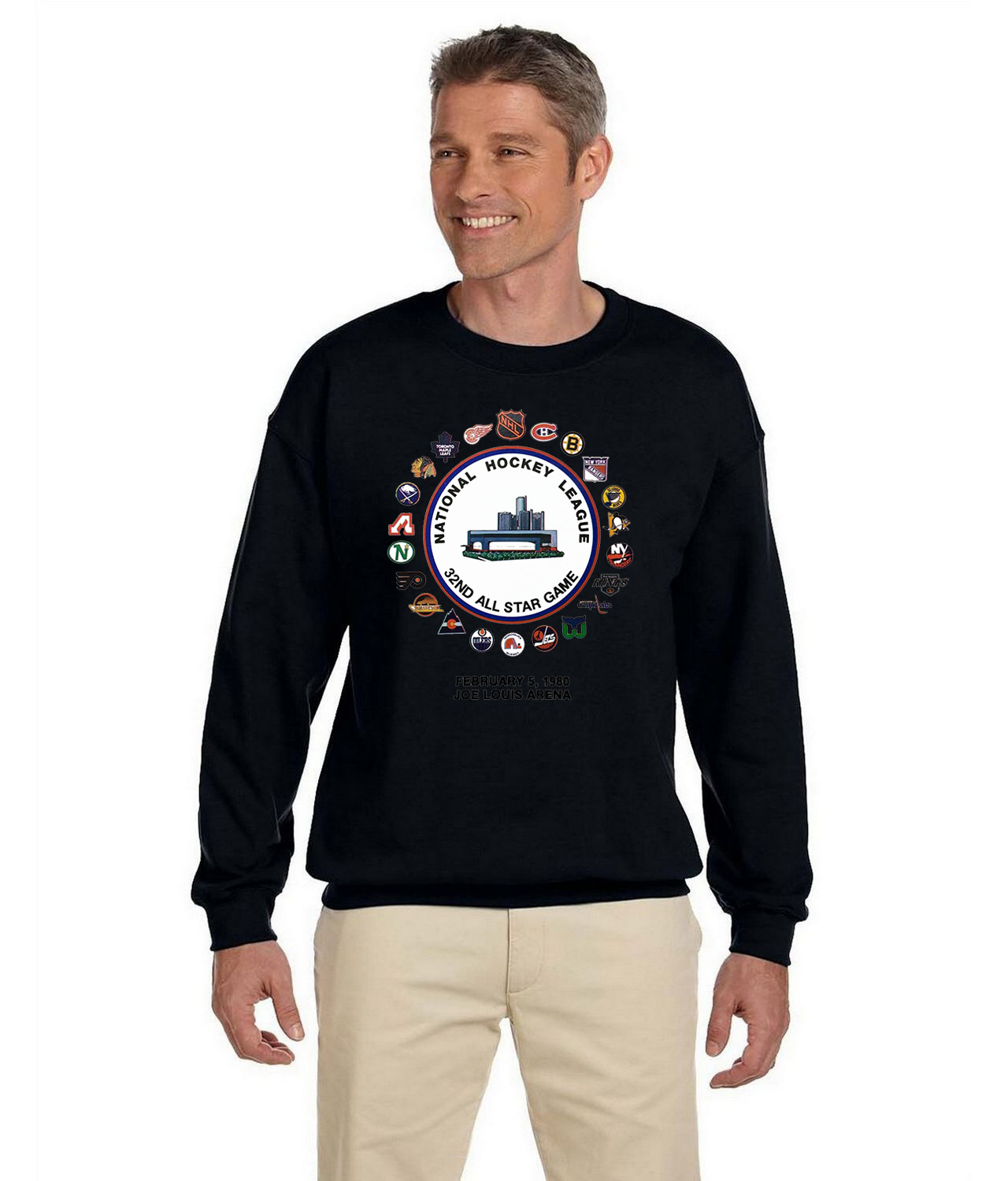 1980 NHL 32nd All-Star Game - Detroit, MI Hockey Logo Symbol Emblem Customized Design on Unisex Crewneck Sweatshirt