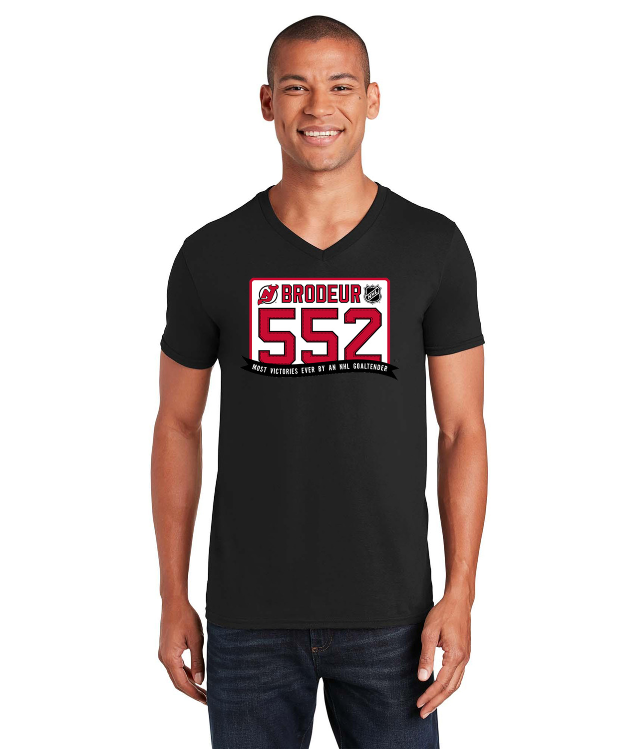 New Jersey Devils Goaltender Martin Brodeur's 552nd NHL Hockey Logo Symbol Emblem Customized Design on Unisex V-Neck T-Shirt Tee