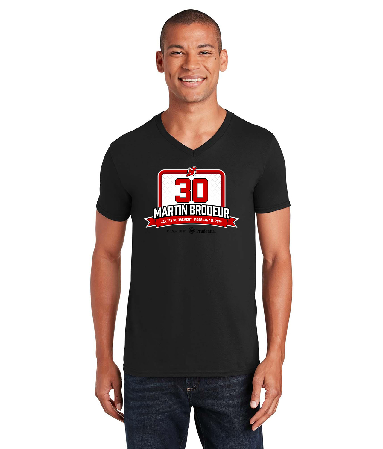 New Jersey Devils Martin Brodeur Jersey Retirement Night On Feb 9, 2016 Hockey Logo Symbol Emblem Customized Design on Unisex V-Neck T-Shirt Tee