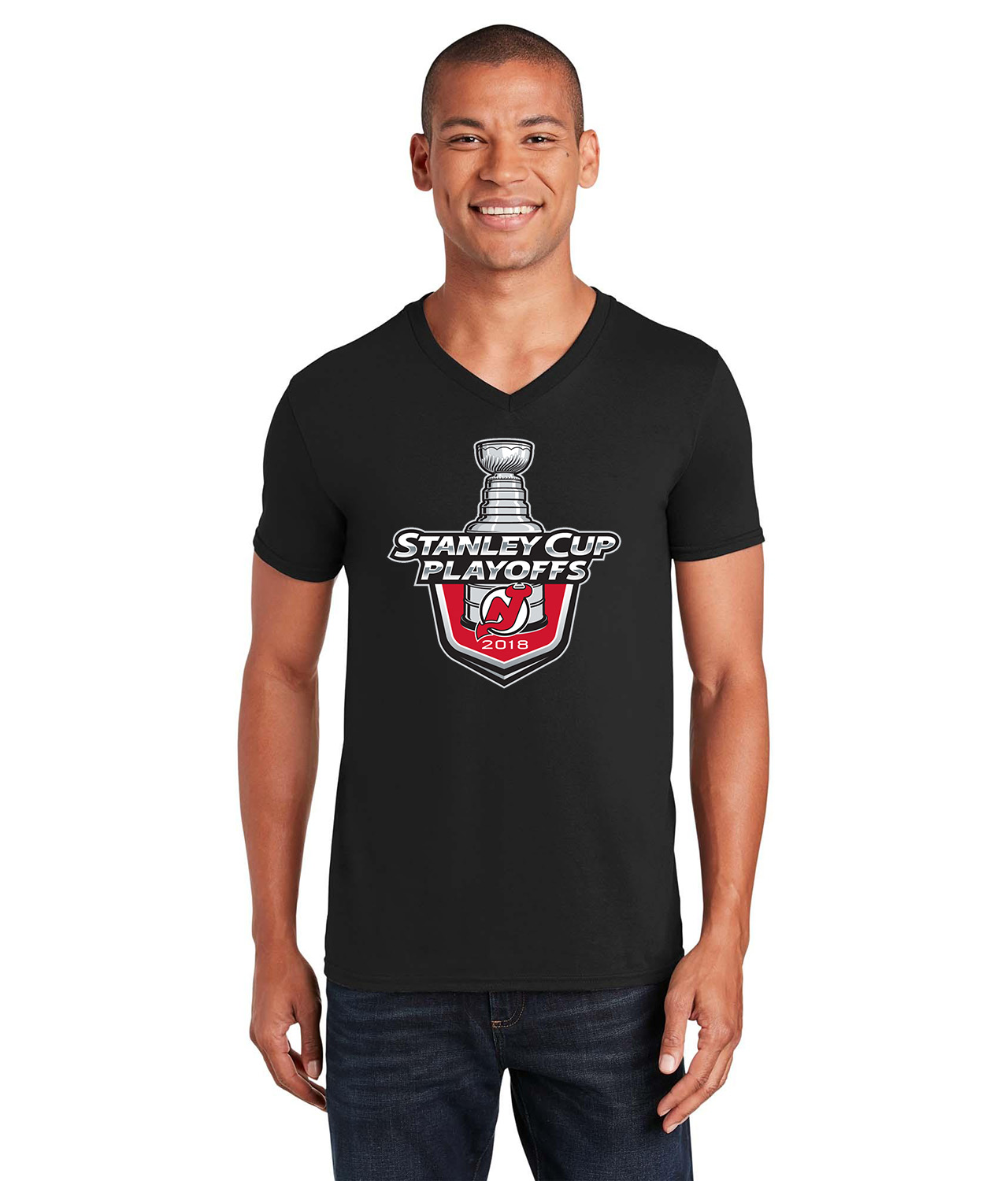 New Jersey Devils 2018 Stanley Cup Playoffs Hockey Logo Symbol Emblem Customized Design on Unisex V-Neck T-Shirt Tee