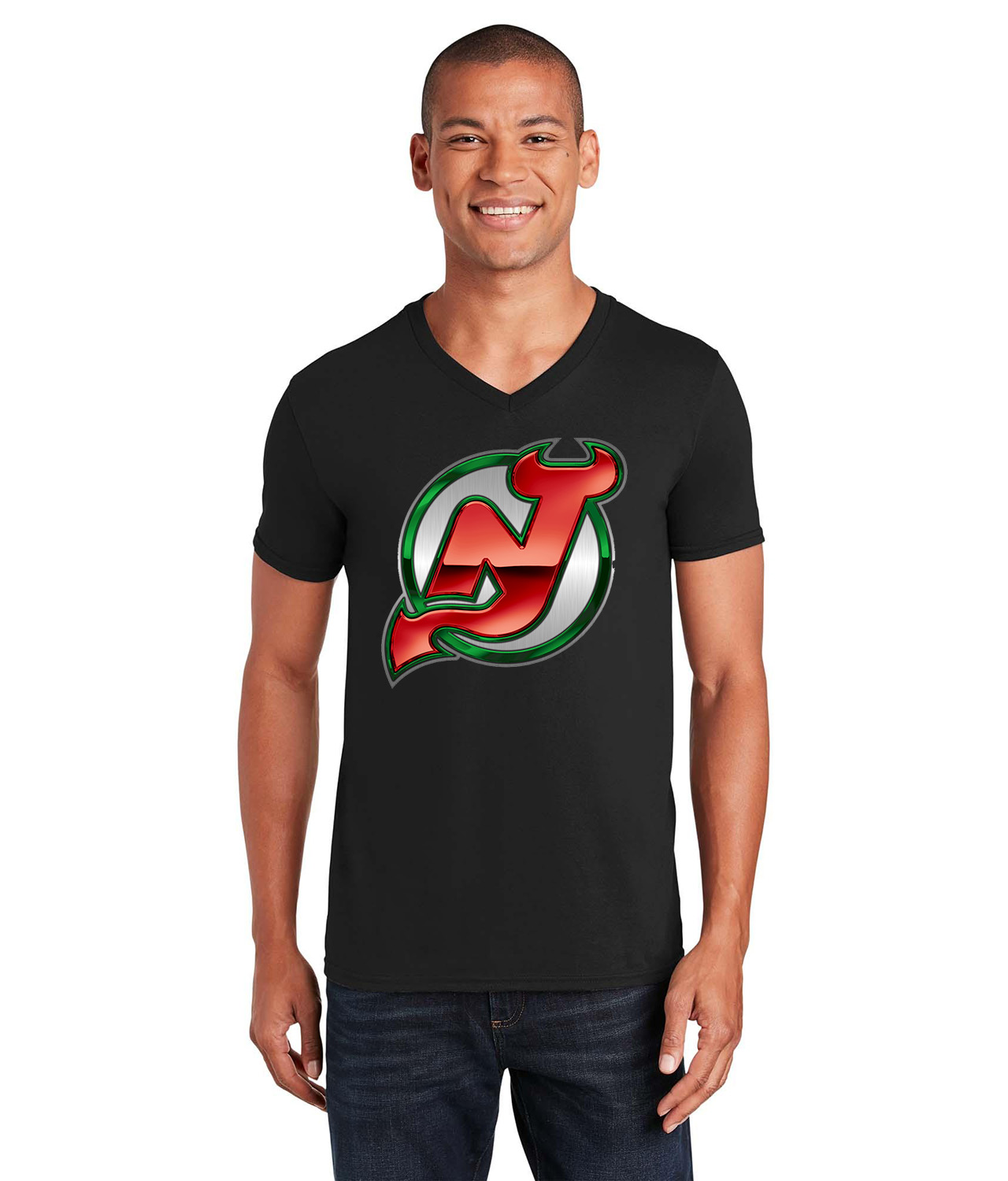 New Jersey Devils Stadium Series Chrome Treated Hockey Logo Symbol Emblem Customized Design on Unisex V-Neck T-Shirt Tee