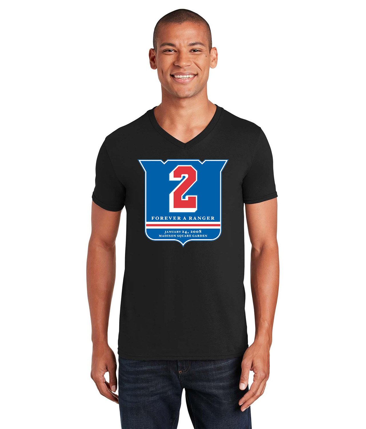 New York Rangers 1/24/08 Brian Leetch Number Retirement Hockey Logo Symbol Emblem Customized Design on Unisex V-Neck T-Shirt Tee