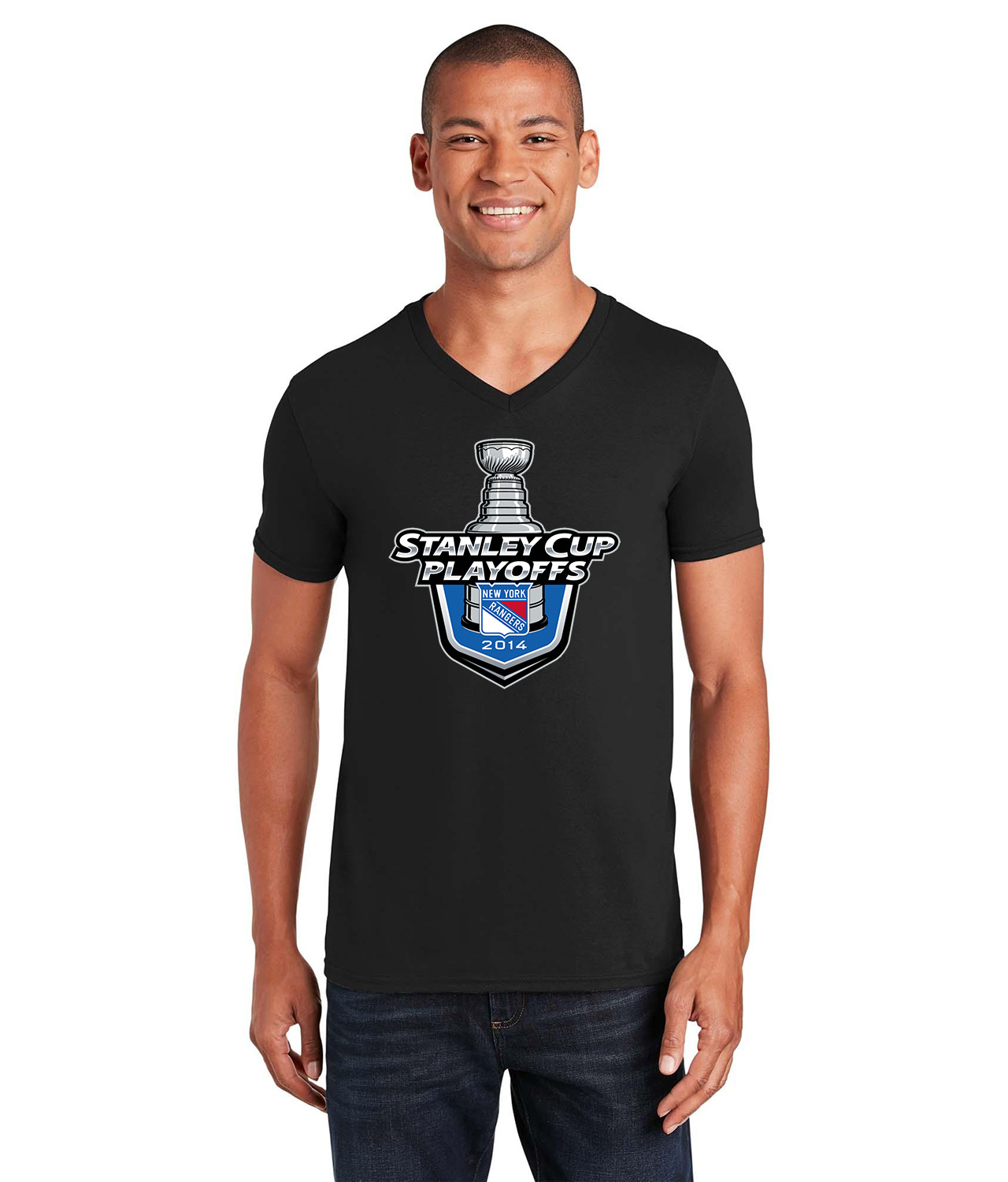 2014 Stanley Cup Playoffs - New York Rangers Hockey Logo Symbol Emblem Customized Design on Unisex V-Neck T-Shirt Tee