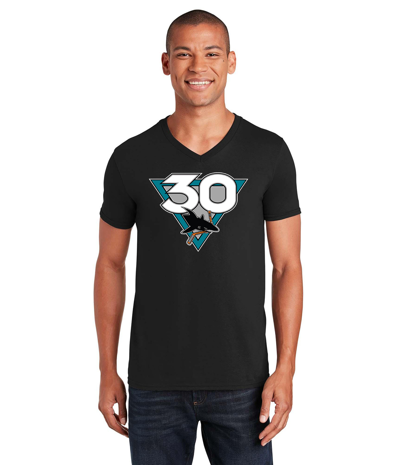 San Jose Sharks 30th Anniversary Hockey Logo Symbol Emblem Customized Design on Unisex V-Neck T-Shirt Tee