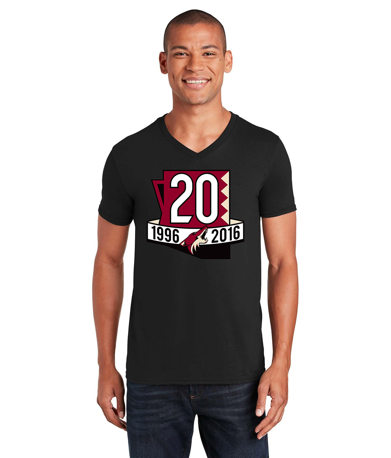Arizona Phoenix Coyotes 20th Anniversary Hockey Logo Symbol Emblem Customized Design on Unisex V-Neck T-Shirt Tee
