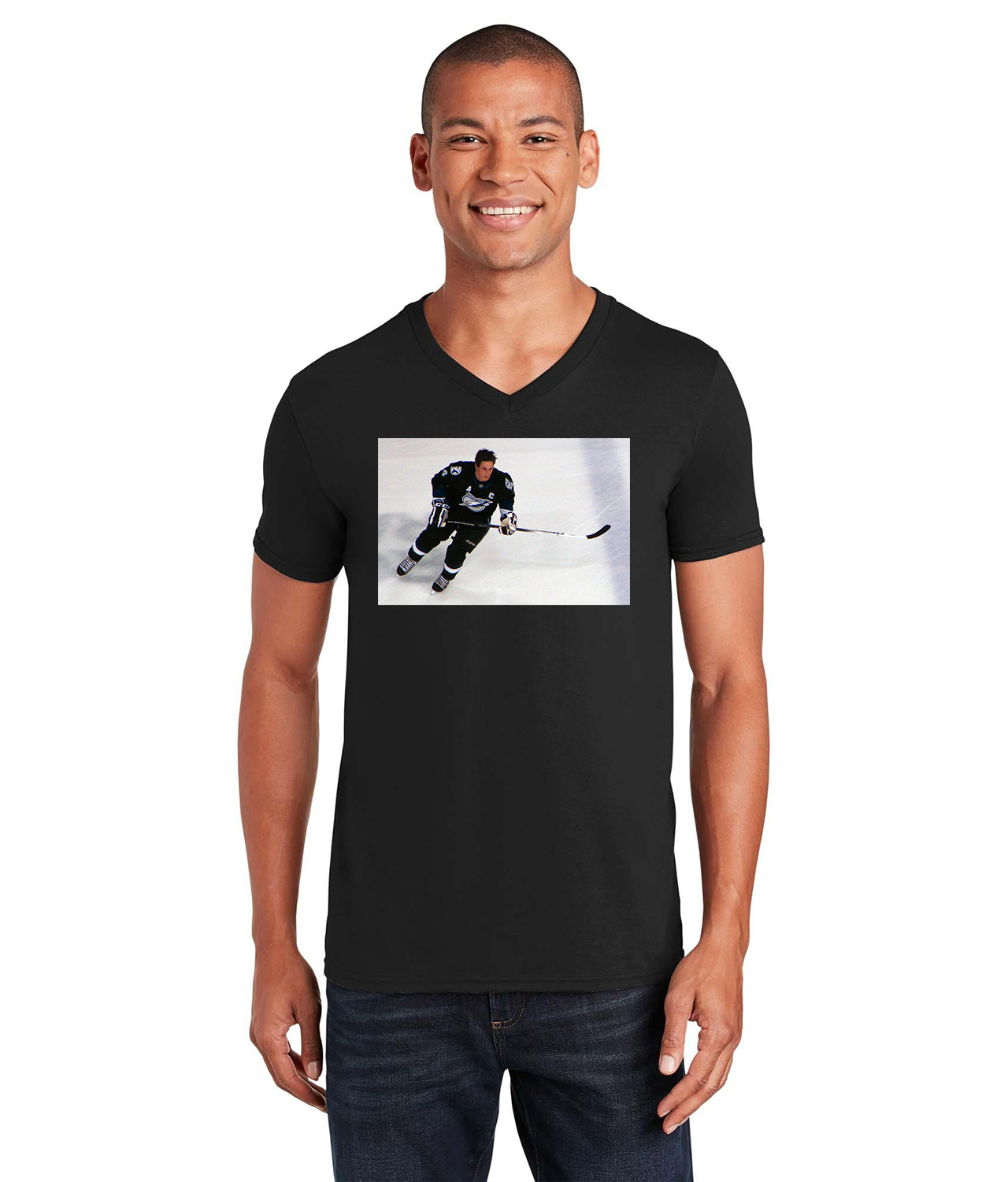 2010 Tampa Bay Lightning Captain Vincent Lecavalier Photo Hockey Logo Symbol Emblem Customized Design on Unisex V-Neck T-Shirt Tee
