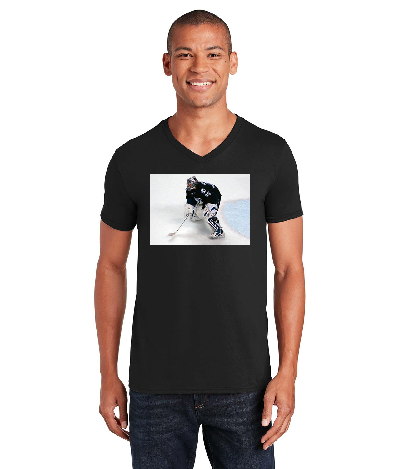 2010 Tampa Bay Lightning Dwayne Roloson Goaltender Photo Hockey Logo Symbol Emblem Customized Design on Unisex V-Neck T-Shirt Tee