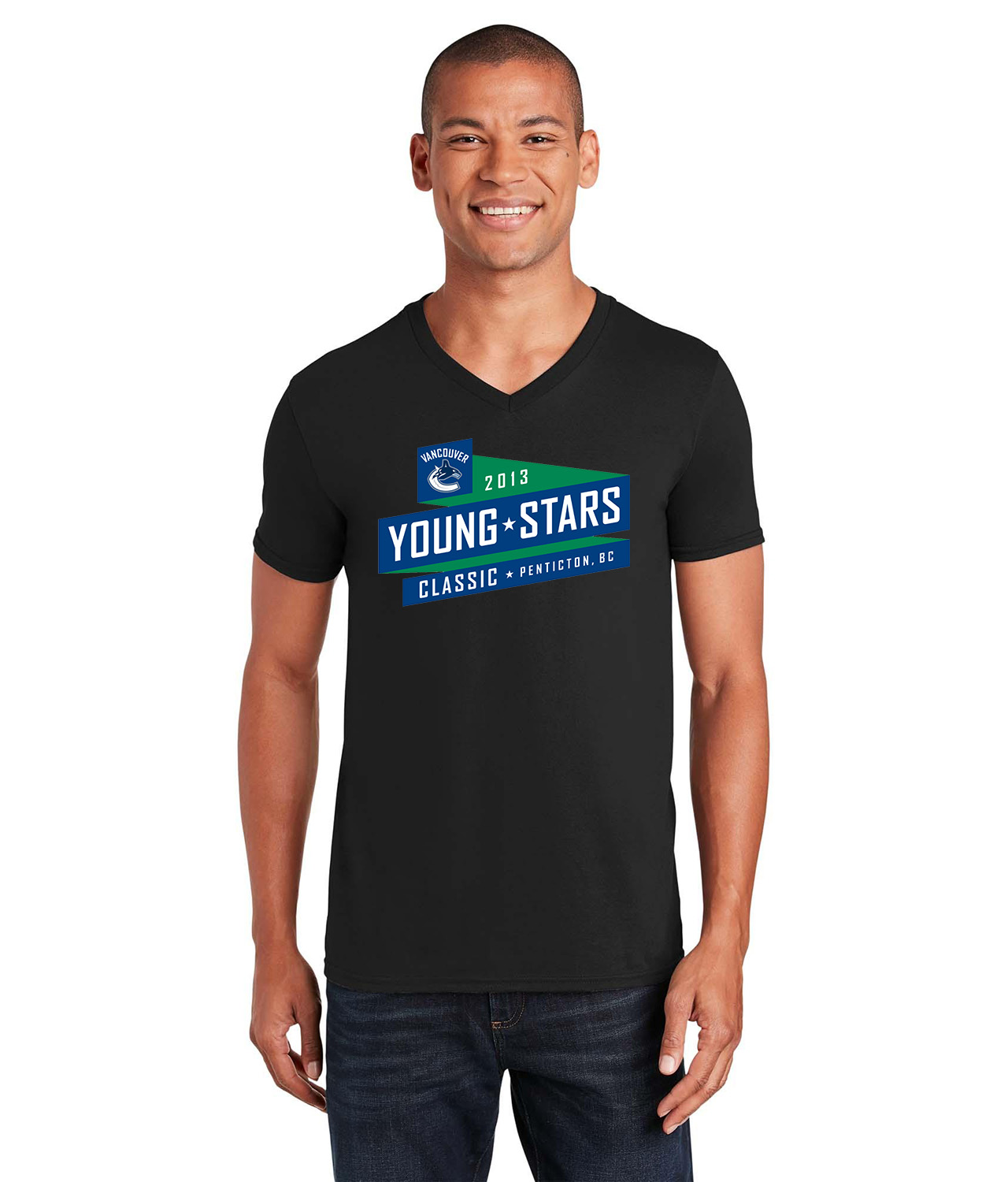 Vancouver Canucks Young Stars Classic 2013 Penticton, BC Hockey Logo Symbol Emblem Customized Design on Unisex V-Neck T-Shirt Tee