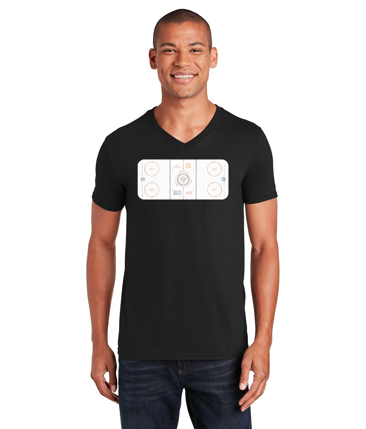 Winnipeg Jets MTS Place Stadium Ice Surface Hockey Logo Symbol Emblem Customized Design on Unisex V-Neck T-Shirt Tee