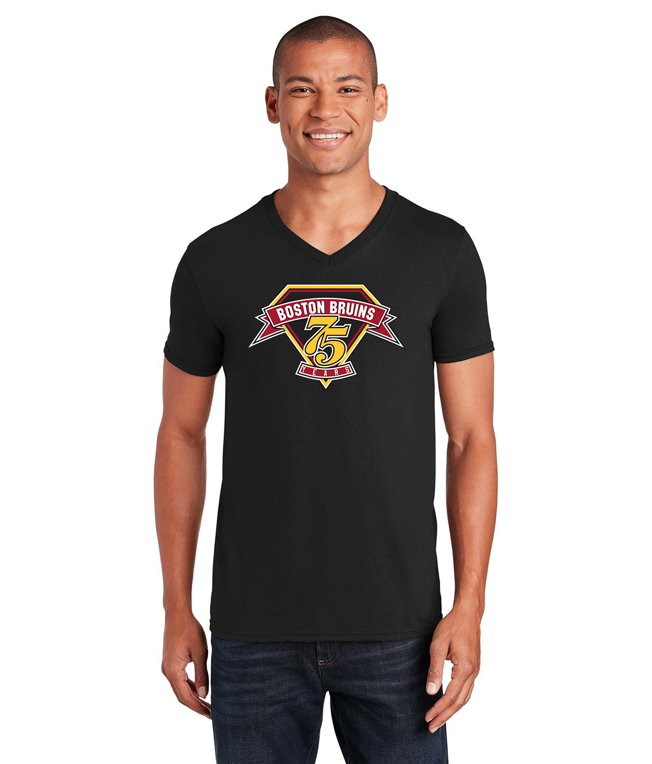 75th Anniversary Of The Boston Bruins Hockey Logo Symbol Emblem Customized Design on Unisex V-Neck T-Shirt Tee