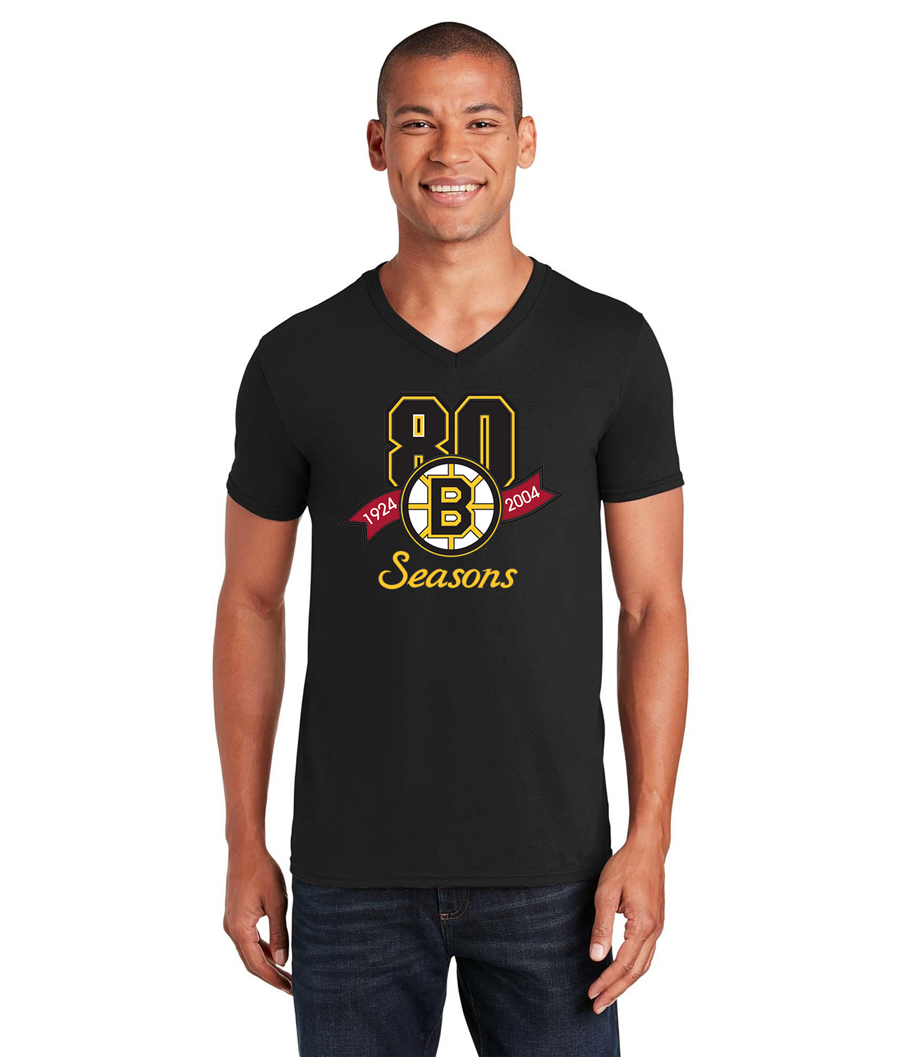 80th Anniversary Of The Boston Bruins Hockey Logo Symbol Emblem Customized Design on Unisex V-Neck T-Shirt Tee