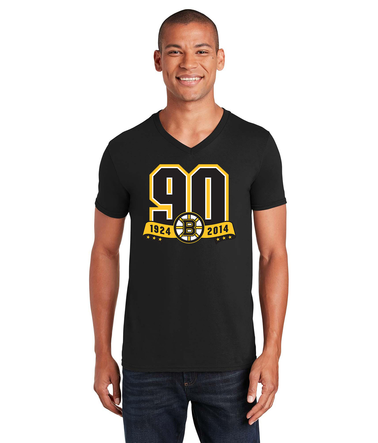 Boston Bruins 90th Anniversary Hockey Logo Symbol Emblem Customized Design on Unisex V-Neck T-Shirt Tee
