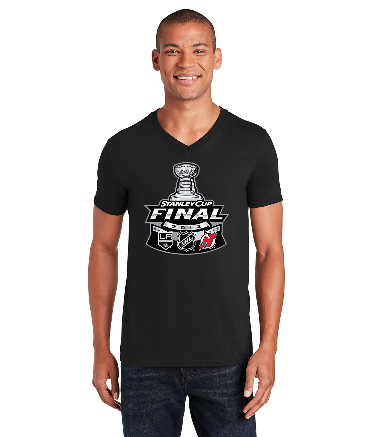 2012 NHL Stanley Cup Final Matchup - Los Angeles Kings Vs New Jersey Devils Hockey Logo Symbol Emblem Customized Design on Unisex V-Neck T-Shirt Tee