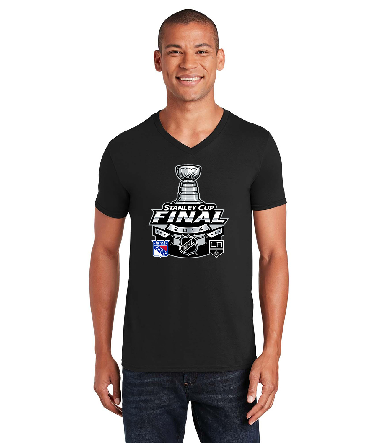 2014 NHL Stanley Cup Final Matchup - Los Angeles Kings Vs New York Rangers Hockey Logo Symbol Emblem Customized Design on Unisex V-Neck T-Shirt Tee