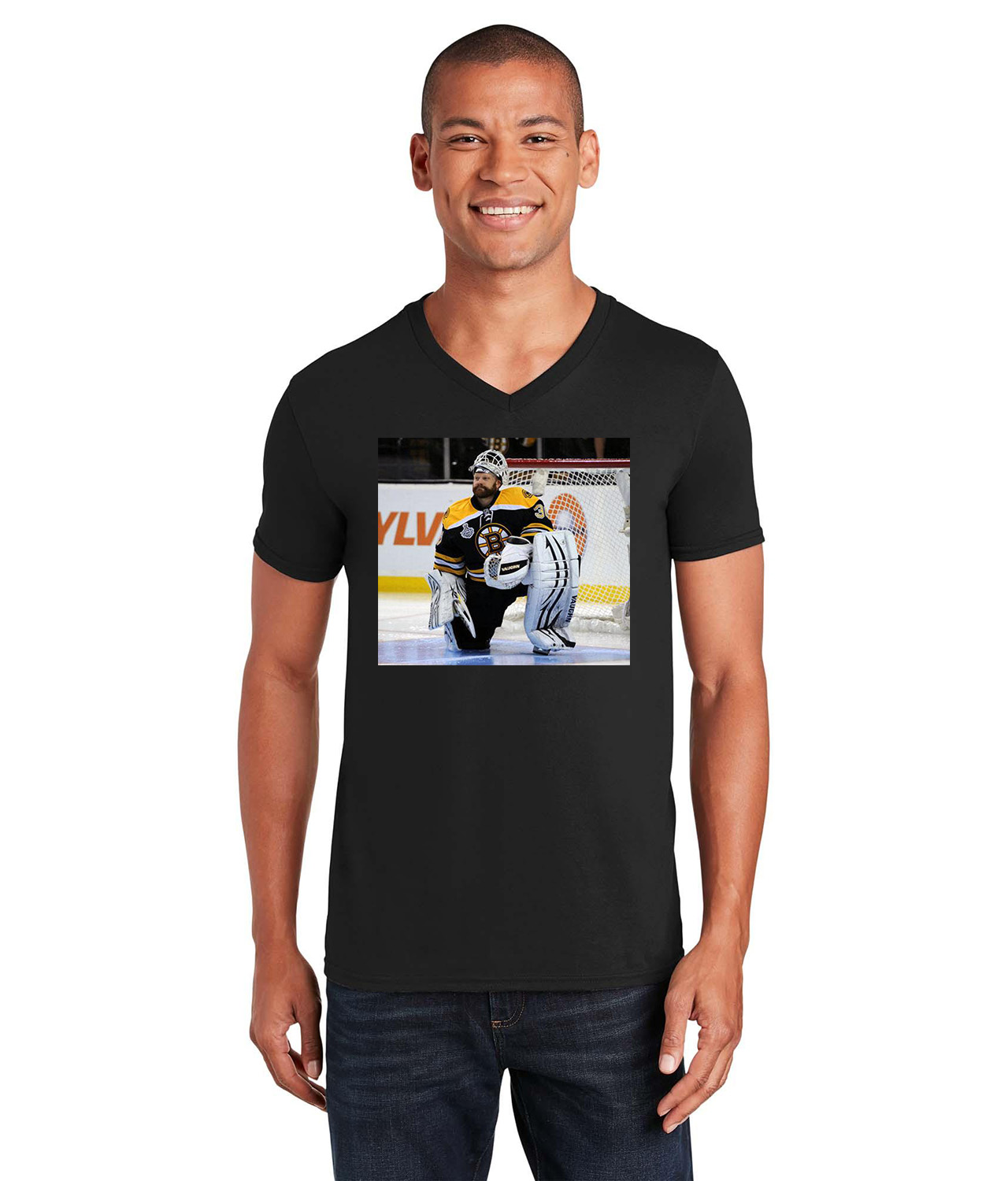 Tim Thomas In The Boston Bruins 2011 Stanley Cup Final Patch 2011 Stanley Cup Finals Hockey Logo Customized Design on Unisex V-Neck T-Shirt Tee