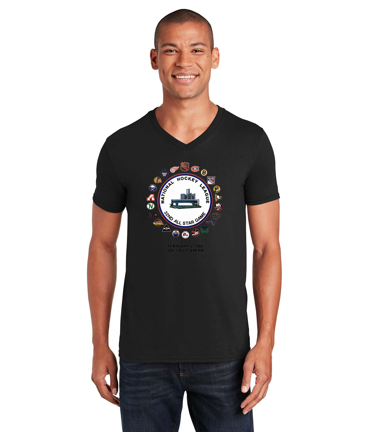 1980 NHL 32nd All-Star Game - Detroit, MI Hockey Logo Symbol Emblem Customized Design on Unisex V-Neck T-Shirt Tee