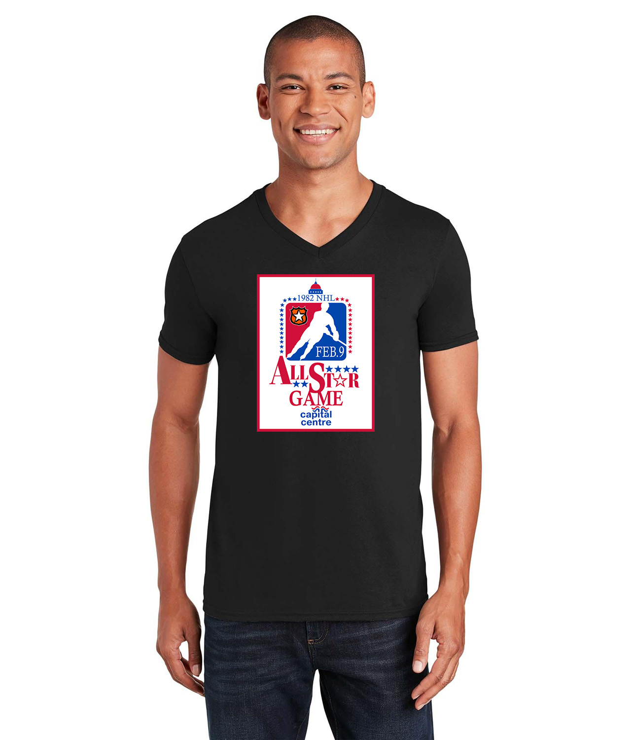 1982 NHL All-Star Game in Landover, Maryland Hockey Logo Symbol Emblem Customized Design on Unisex V-Neck T-Shirt Tee