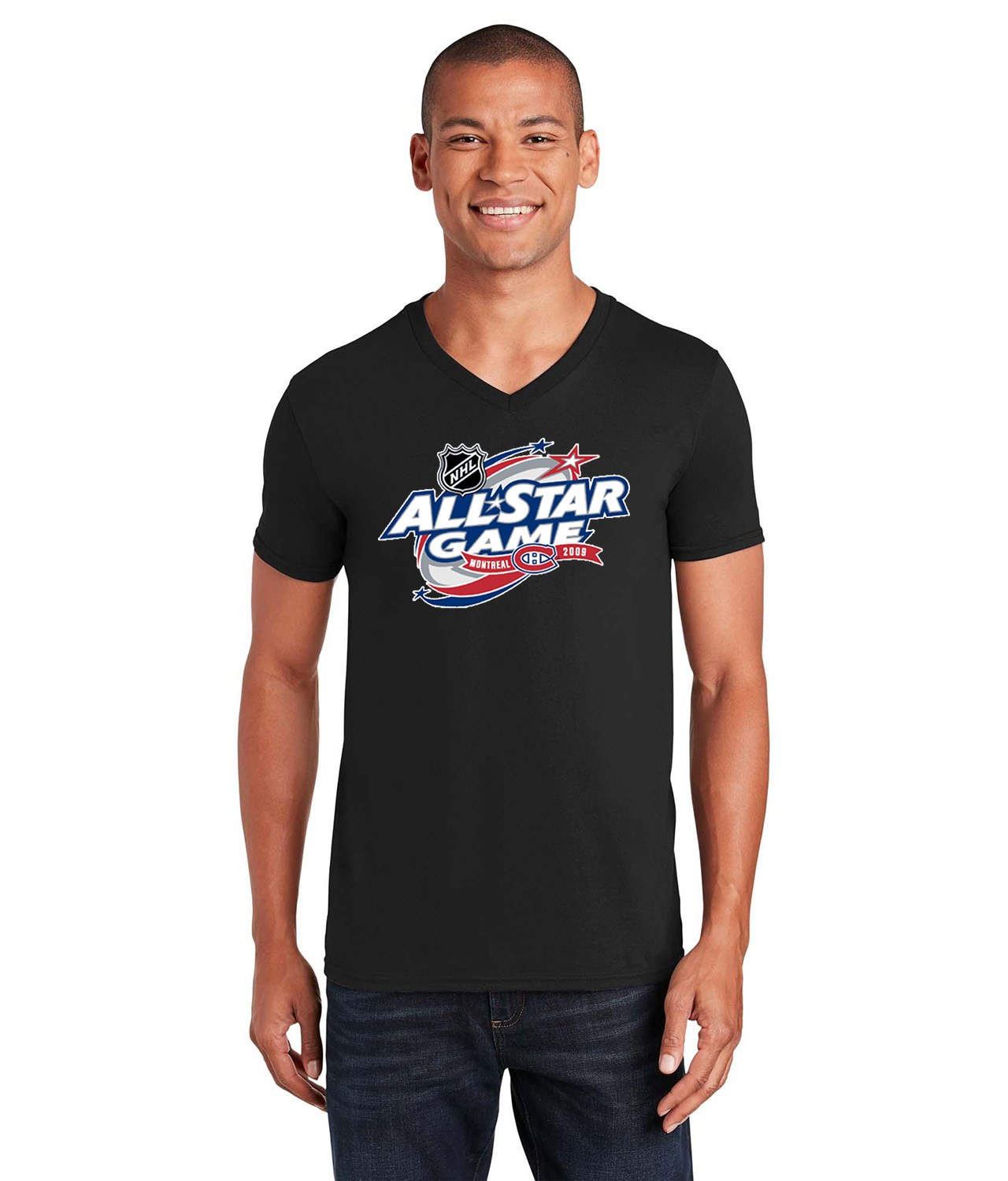 2009 NHL All-Star Game Bell Centre In Montreal, Quebec Hockey Logo Symbol Emblem Customized Design on Unisex V-Neck T-Shirt Tee