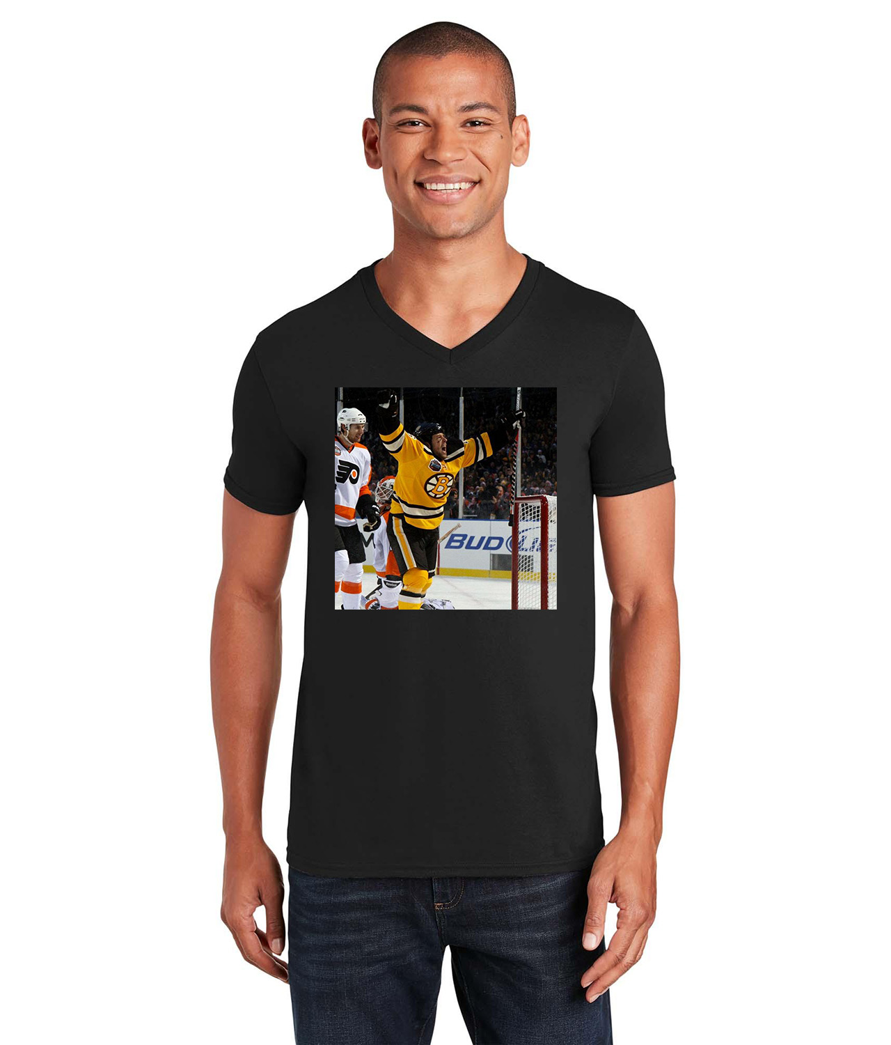 Marco Sturm Retro Boston Bruins 2010 NHL Winter Classic Hockey Logo Symbol Emblem Customized Design on Unisex V-Neck T-Shirt Tee