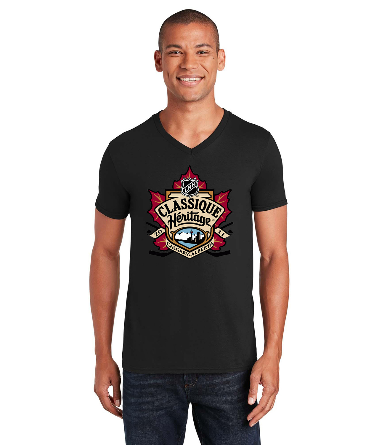 NHL Heritage Classic - French Version LNH Hockey Logo Symbol Emblem Customized Design on Unisex V-Neck T-Shirt Tee